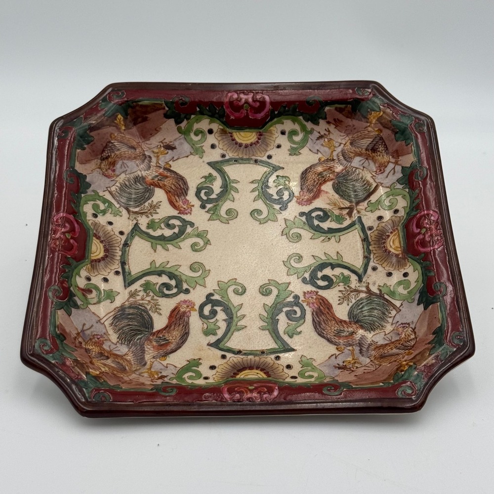 Vintage Decorative Rooster Ceramic Square Bowl Hand Painted Farmhouse Decor 8in